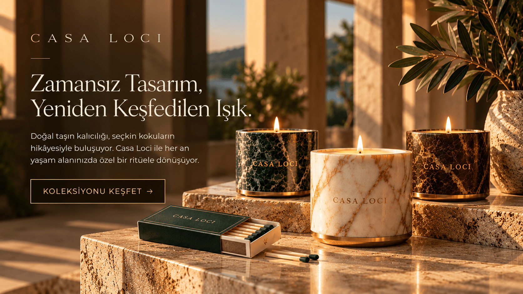 A Casa Loci candle burning in an onyx vessel on dark marble; close-up