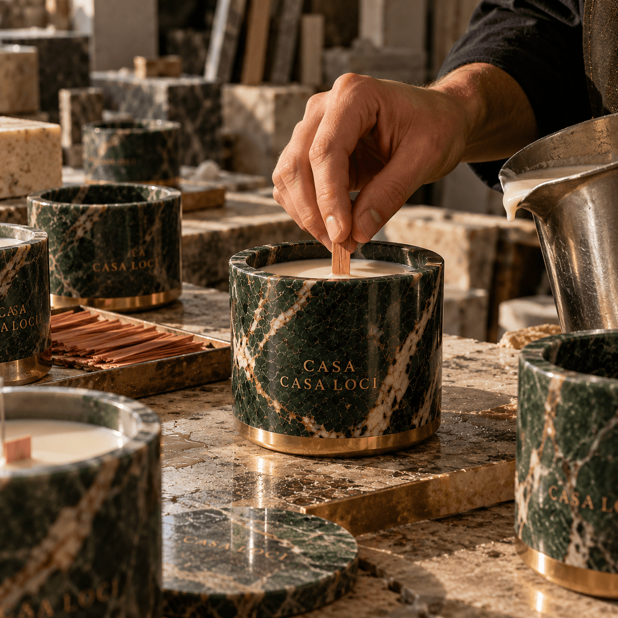 Hands setting a wick into a marble vessel
